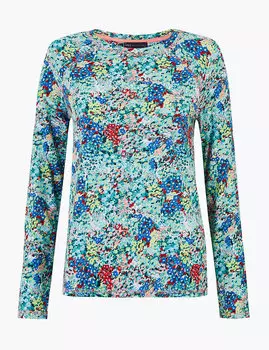 Прямой хлопковый топ с цветочным принтом и рукавом реглан