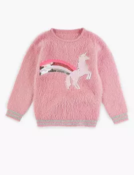Пушистый джемпер с блестящим узором "Единорог"