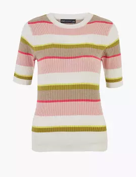 Ребристый топ в полоску с короткими рукавами