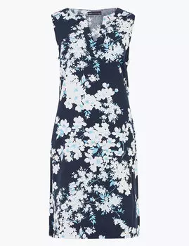 Свободное платье-шифт из льна с цветочным принтом без рукавов