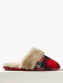 Тапочки-мюли в клетку с опушкой