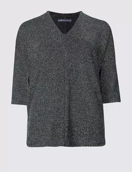 Топ блестящий с V-образным вырезом и рукавом 3/4