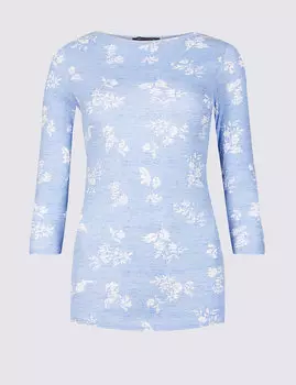 Топ из 100% хлопка с рукавами 3/4, цветочный принт