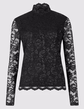 Топ кружевной с длинным рукавом и воротником-стойкой