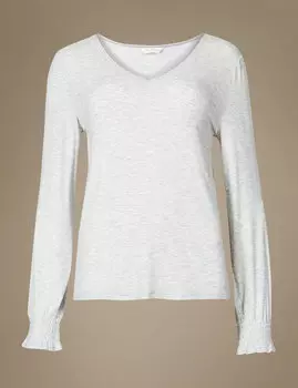 Топ ночной рубашки с V-головиной, длинный рукав