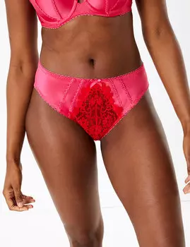 Трусы-хайлег из атласа и кружева