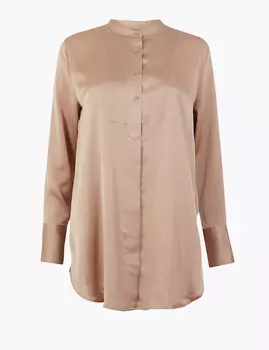 Удлиненная атласная рубашка с длинным рукавом