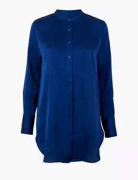 Удлиненная атласная рубашка с длинным рукавом