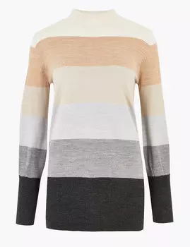 Удлиненный джемпер колор блок с отделкой Supersoft