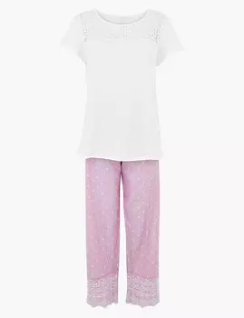 Укороченный пижамный комплект, украшенный вышивкой