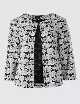 Жакет с цветочным принтом без воротника и пуговиц