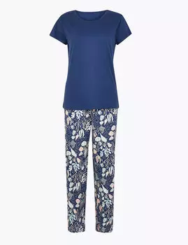 Женская пижама из 100-го хлопка: футболка с коротким рукавом и брюки с цветочным принтом