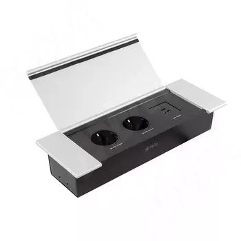 Блок розеток с откидной крышкой, 285*103 мм, 2 розетки, 1 USB, 1 USB Type-C, быстрая зарядка, серебро (FU-S-2S1A1C-F-AL)