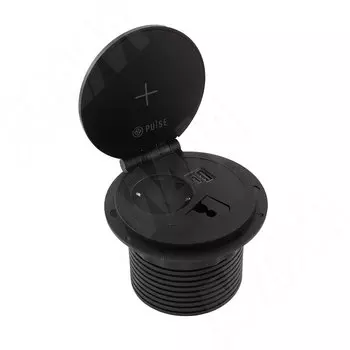 Блок розеток с откидной крышкой, d=105 мм, 1 розетка, 1 USB, 1 USB Type-C, быстрая зарядка, беспроводная зарядка, черный (FU-80-1S1A1C-FWH-BL)