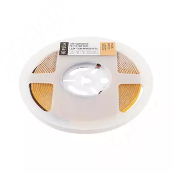 LUX, COB лента светодиодная, 504 диодов, 24V, 5 м, основание 5 мм, CRI 90, теплый белый 3000К, IP20, 6W/1м (LS24-COB-WW20-6-SL)