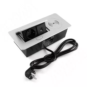 Выдвижной блок розеток, 265*118 мм, 1 розетка, USB, USB type-C, беспроводная зарядка, серебро (RBS-S-2USB-CW-SL)