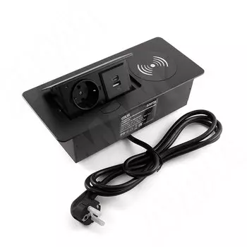 Выдвижной блок розеток, 265*118 мм, 1 розетка, USB, USB type-C, беспроводная зарядка, черный (RBS-S-2USB-CW-BL)