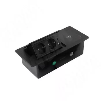Выдвижной блок розеток, 265*118 мм, 2 розетки, 1 USB, 1 USB Type-C, быстрая зарядка, беспроводная зарядка, черный (PU-S-2S1A1C-FW-BL)