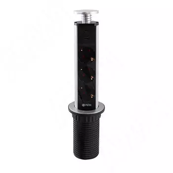 Выдвижной блок розеток, d=60 мм, 3 розетки, 1 USB, 1 USB Type-C, быстрая зарядка, серебро (PO-60-3S1A1C-F-AL)