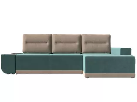 Диван угловой правый Чикаго велюр бирюза подушки бежевый