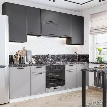 Кухня прямая Фрейм-05 Stormy Silk/Grey Silk/Graphite/Белый 2340*2400*600