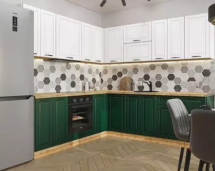 Кухня угловая Дублин-02 Special White/Special Green/Дуб Вотан 2140*2200/2400*600