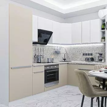 Кухня Угловая Фьюжн-04 Cream Silk/Silky White 2140*2500/1800*600