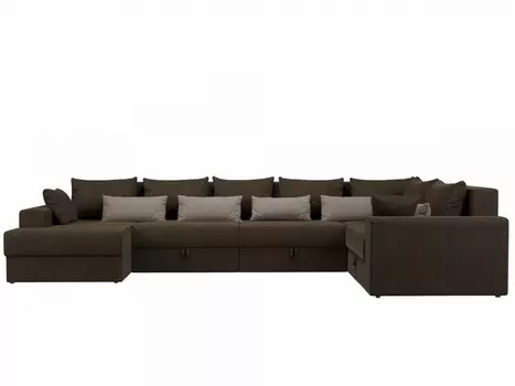 П-образный диван Мэдисон Рогожка Коричневый с коричневыми и бежевыми подушками