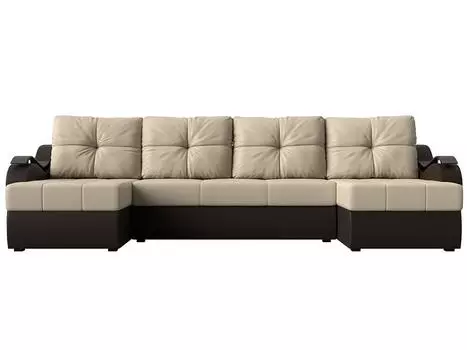 Диван п-образный Меркурий Рогожка Бежевый Экокожа Коричневый