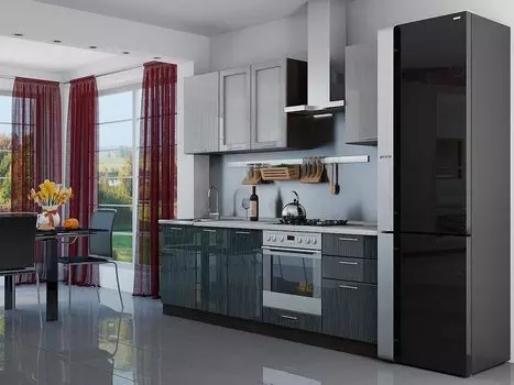 Прямая кухня Валерия-М-03 Серый металлик дождь светлый/Черный металлик дождь