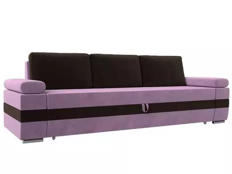 Прямой диван Канкун основа Микровельвет сиреневый, вставка Микровельвет Коричневый, подушки Микровельвет Коричневый