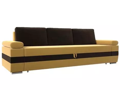 Прямой диван Канкун основа Микровельвет Желтый, вставка Микровельвет Коричневый, подушки Микровельвет Коричневый