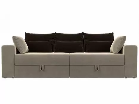 Диван прямой Майами Микровельвет Бежевый с коричневыми подушками