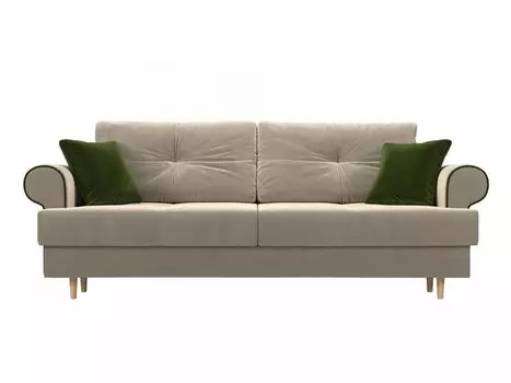 Прямой диван Сплин Микровельвет Бежевый, Зеленые подушки