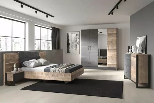 Спальня HUGO-3 Гранж/Железный камень, кровать 140