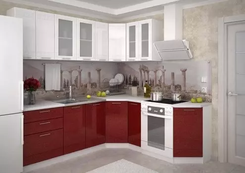 Угловая кухня Греция-04 Белый металлик/ Гранатовый металлик