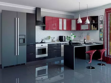 Угловая кухня Валерия-М-04 Бордовый глянец/Чёрный металлик