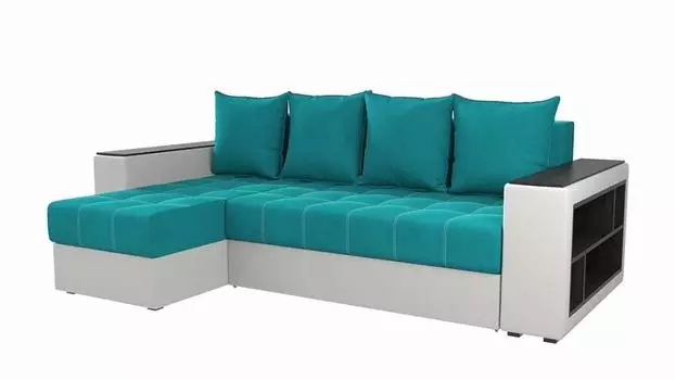 Угловой диван Дубай Мини Велюр Бирюзовый/Экокожа Белый угол Левый