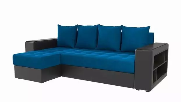 Угловой диван Дубай Мини Велюр Синий/Экокожа Черный угол Левый