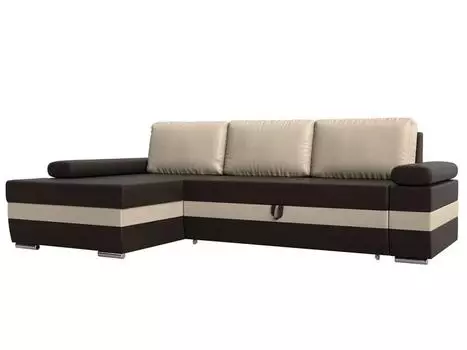 Угловой диван Канкун левый угол основа экокожа Коричневая, вставка экокожа Бежевая, подушки экокожа Бежевая