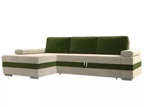 Угловой диван Канкун левый угол основа Микровельвет Бежевый, вставка Микровельвет Зелёный, подушки Микровельвет Зелёный