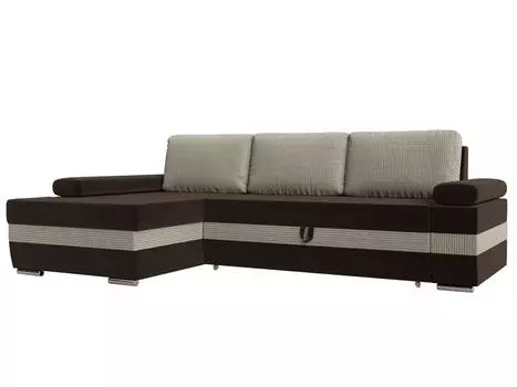 Угловой диван Канкун левый угол основа Микровельвет Коричневый, вставка Рогожка Корфу 02, подушки Рогожка Корфу 02