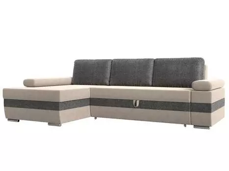 Угловой диван Канкун левый угол основа Рогожка Бежевая, вставка Рогожка Серая, подушки Рогожка Серая