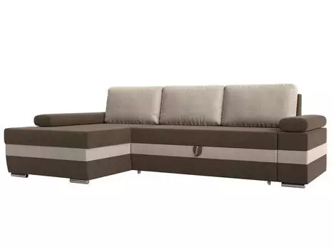 Угловой диван Канкун левый угол основа Рогожка Коричневая, вставка Рогожка Бежевая, подушки Рогожка Бежевая