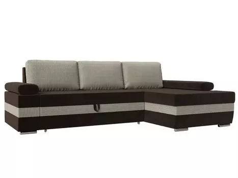 Угловой диван Канкун правый угол основа Микровельвет Коричневый, вставка Рогожка Корфу 02, подушки Рогожка Корфу 02