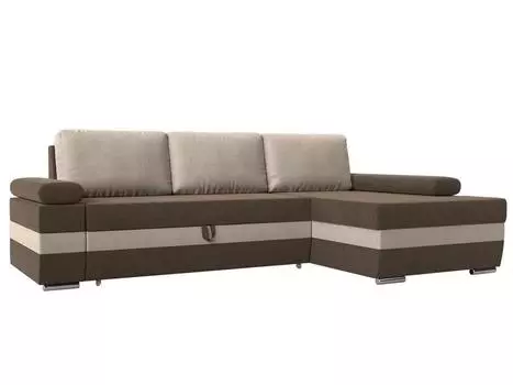 Угловой диван Канкун правый угол основа Рогожка Коричневая, вставка Рогожка Бежевая, подушки Рогожка Бежевая