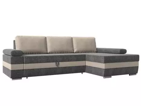 Угловой диван Канкун правый угол основа Рогожка Серая, вставка Рогожка Бежевая, подушки Рогожка Бежевая