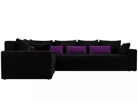 Угловой диван левый Мэдисон long Вельвет Черный с черными и фиолетовыми подушками