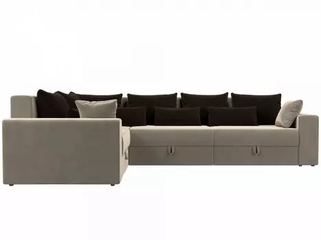 Угловой диван левый Мэдисон long Вельвет Бежевый с коричневыми подушками