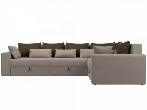 Угловой диван правый Мэдисон long Рогожка Бежевый с коричневыми и бежевыми подушками